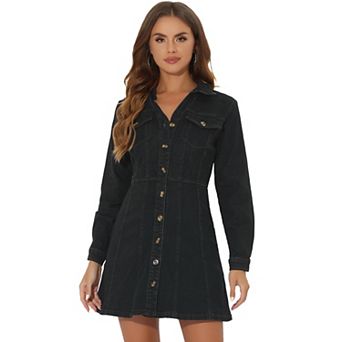 Women's Denim V-Neck Roll Up Sleeve Shirt Dress