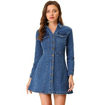 Women's Denim V-Neck Roll Up Sleeve Shirt Dress