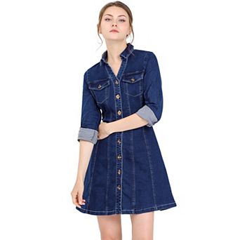 Women's Denim V-Neck Roll Up Sleeve Shirt Dress