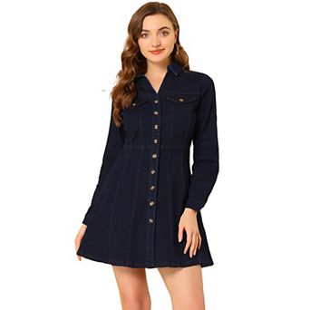 Women's Denim V-Neck Roll Up Sleeve Shirt Dress