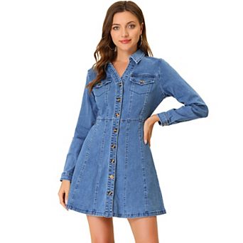 Women's Denim V-Neck Roll Up Sleeve Shirt Dress