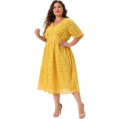 Plus Size Dress for Women Midi Bubble Sleeve V Neck Semi Sheer Fit and ...