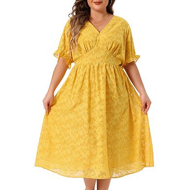 Plus Size Dress for Women Midi Bubble Sleeve V Neck Semi Sheer Fit and Flare Dresses