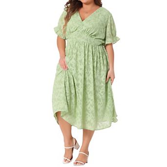 Plus Size Dress for Women Midi Bubble Sleeve V Neck Semi Sheer Fit and Flare Dresses