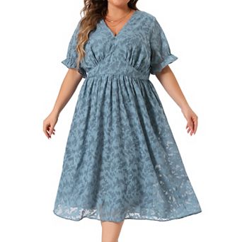 Plus Size Dress for Women Midi Bubble Sleeve V Neck Semi Sheer Fit and Flare Dresses