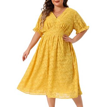 Plus Size Dress for Women Midi Bubble Sleeve V Neck Semi Sheer Fit and Flare Dresses