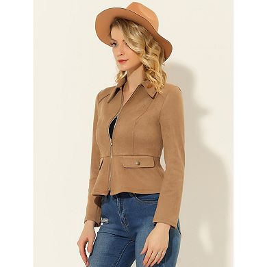 Women's Turn Down Collar Zip Up Faux Suede Motorcycle Short Jacket