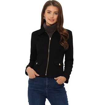 Women's Turn Down Collar Zip Up Faux Suede Motorcycle Short Jacket