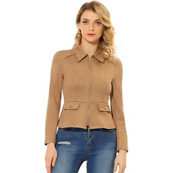 Women's Turn Down Collar Zip Up Faux Suede Motorcycle Short Jacket