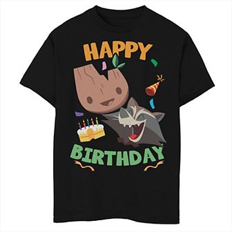 Boys Marvel Rocket & Groot Happy Birthday Portrait Husky Graphic Tee