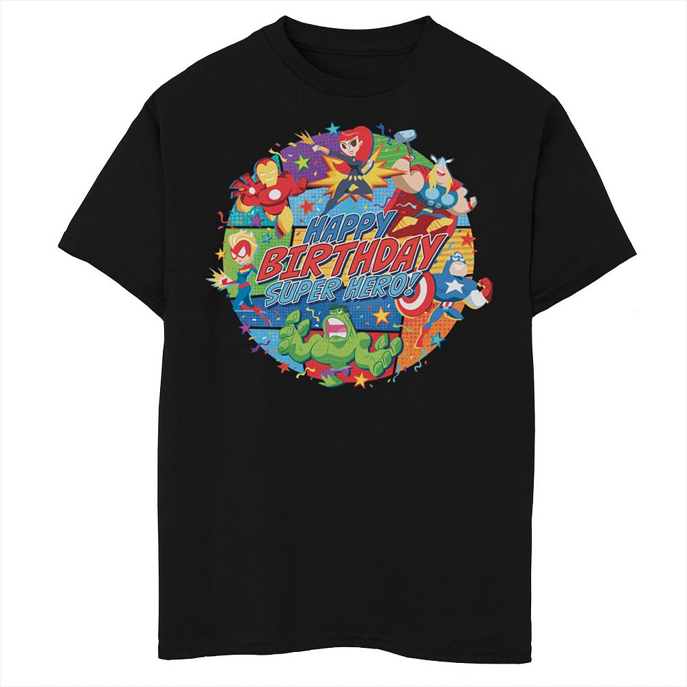 Boys Marvel Avengers Happy Birthday Super Hero Group Shot Husky Graphic Tee