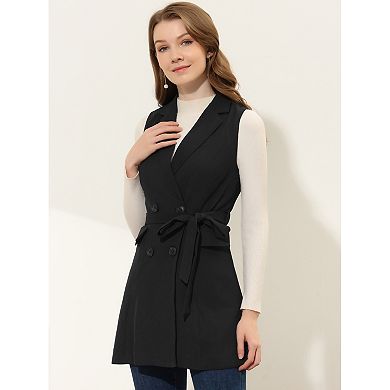 Women's Lapel Collar Trench Vest Double Breast Sleeveless Long Blazer