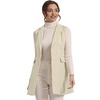 Women's Lapel Collar Trench Vest Double Breast Sleeveless Long Blazer