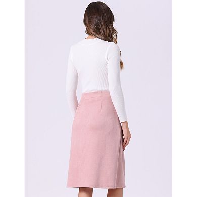 Women's Suede Skirt Knee Length Button Front Pockets Decor A-Line Skirts