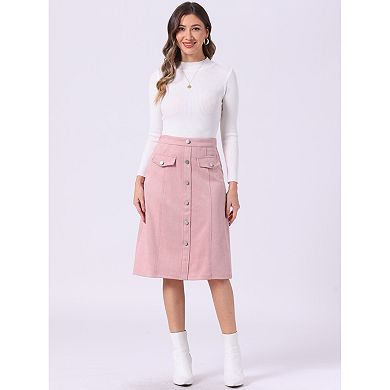 Women's Suede Skirt Knee Length Button Front Pockets Decor A-Line Skirts