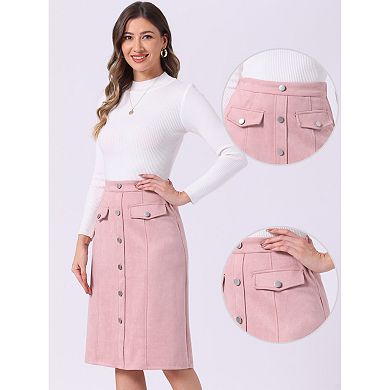 Women's Suede Skirt Knee Length Button Front Pockets Decor A-Line Skirts