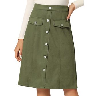 Women's Suede Skirt Knee Length Button Front Pockets Decor A-Line Skirts