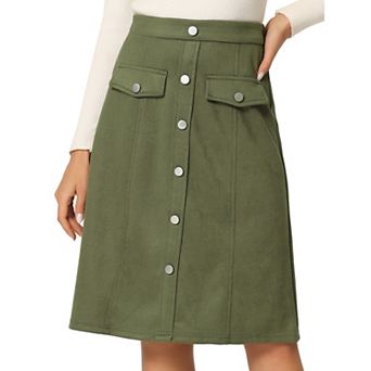 Women's Suede Skirt Knee Length Button Front Pockets Decor A-Line Skirts