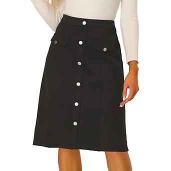 Women's Suede Skirt Knee Length Button Front Pockets Decor A-Line Skirts