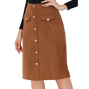 Women's Suede Skirt Knee Length Button Front Pockets Decor A-Line Skirts