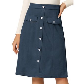 Women's Suede Skirt Knee Length Button Front Pockets Decor A-Line Skirts