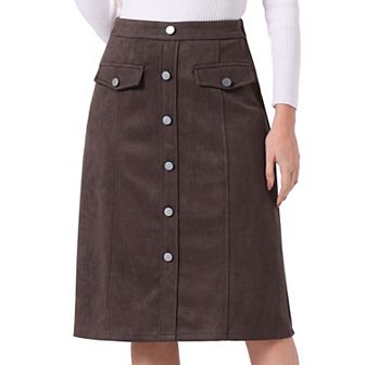 Women's Suede Skirt Knee Length Button Front Pockets Decor A-line Skirts