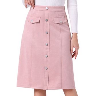 Women's Suede Skirt Knee Length Button Front Pockets Decor A-line Skirts
