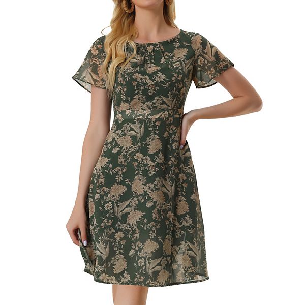 Women's Floral Dresses For Women's Casual Pleated Neckline Below Knee