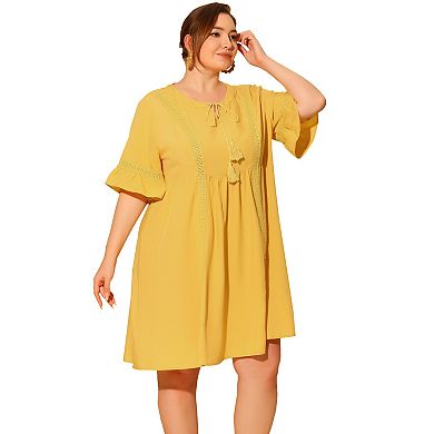 Women Plus Size Ruffle Short Sleeve  Lace Insert V Neck Tassel Bohemian Midi Dresses