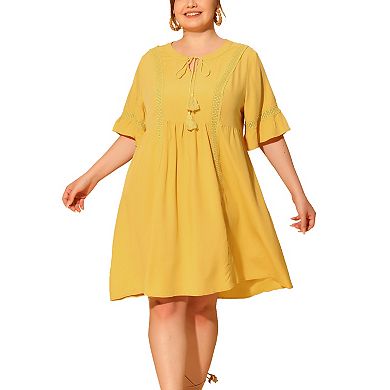 Women Plus Size Ruffle Short Sleeve Lace Insert V Neck Tassel Bohemian Midi Dresses