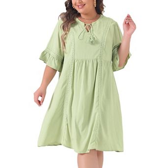 Women Plus Size Ruffle Short Sleeve Lace Insert V Neck Tassel Bohemian Midi Dresses