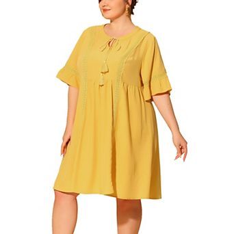 Women Plus Size Ruffle Short Sleeve Lace Insert V Neck Tassel Bohemian Midi Dresses