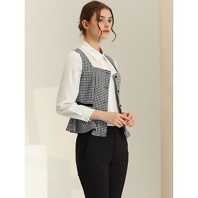 Women's Houndstooth Square Neck Sleeveless Button Down Peplum Vest
