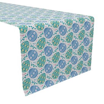 Table Runner, 100% Cotton, 16x72", Blue Floral Easter Eggs