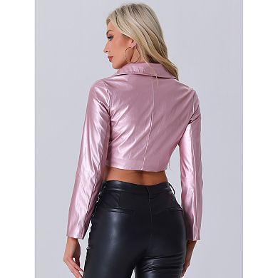 Women's Faux Leather Pu Long Sleeve Zipper Cropped Biker Jacket