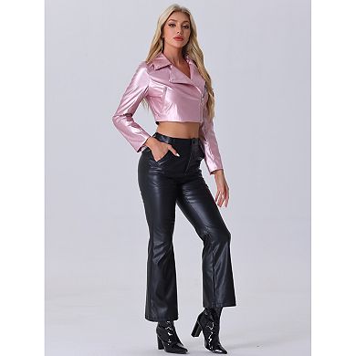 Women's Faux Leather PU Long Sleeve Zipper Cropped Biker Jacket