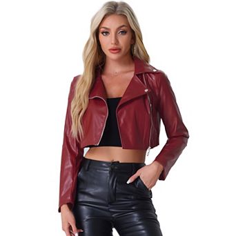 Women's Faux Leather Pu Long Sleeve Zipper Cropped Biker Jacket