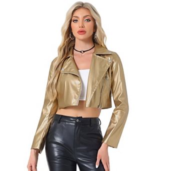 Women's Faux Leather PU Long Sleeve Zipper Cropped Biker Jacket