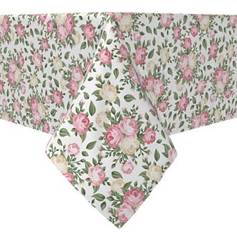 Square Tablecloth, 100% Cotton, 60x60", White and Pink Rose Bunches