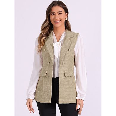 Women's Plaid Tweed Lapel Open Front Sleeveless Blazer Vest Jacket with Pocket