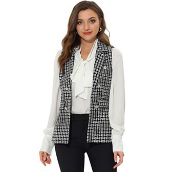 Women's Plaid Tweed Lapel Open Front Sleeveless Blazer Vest Jacket With Pocket
