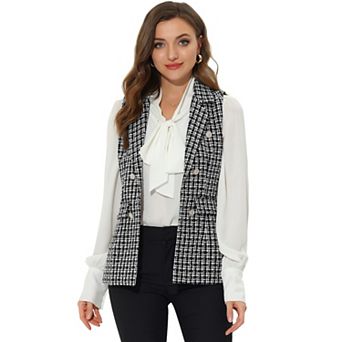 Women's Plaid Tweed Lapel Open Front Sleeveless Blazer Vest Jacket With Pocket
