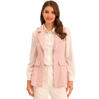 Women's Plaid Tweed Lapel Open Front Sleeveless Blazer Vest Jacket With Pocket