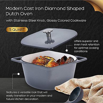 Cast Iron Enameled Dutch Oven With Modern Squoval Shaped Design And Stainless Steel Knob