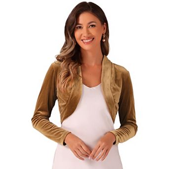 Women's Long Sleeve Open Front Velvet Cropped Bolero Shrug