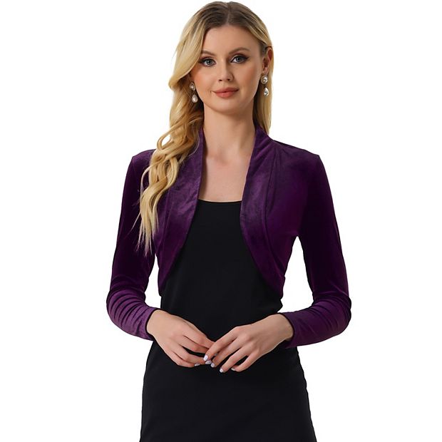 Velvet Open Front Long Sleeve Cropped Bolero Shrug Dark Brown L