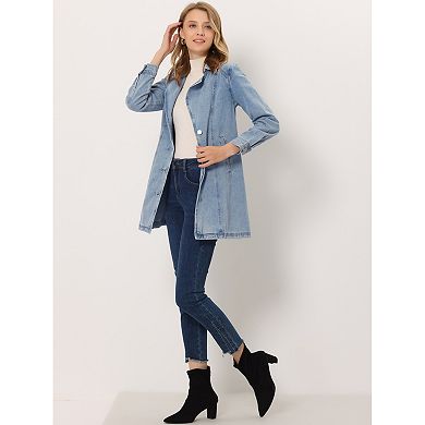 Women's Notched Lapel Long Sleeves Button Belted Long Denim Jacket