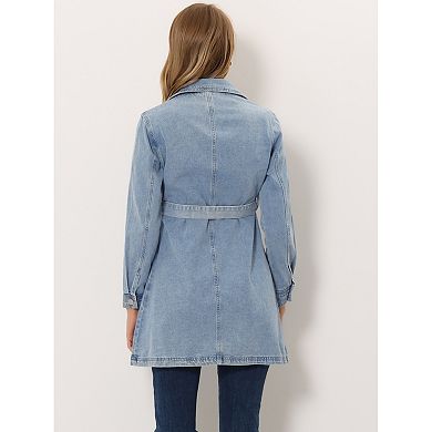 Women's Notched Lapel Long Sleeves Button Belted Long Denim Jacket