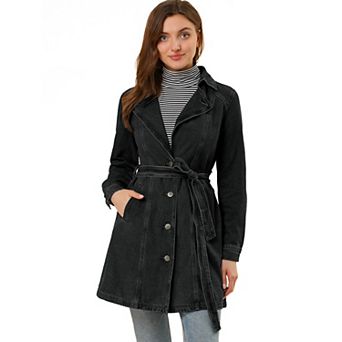 Women's Notched Lapel Long Sleeves Button Belted Long Denim Jacket