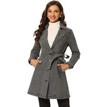 Women's Notched Lapel Long Sleeves Button Belted Long Denim Jacket